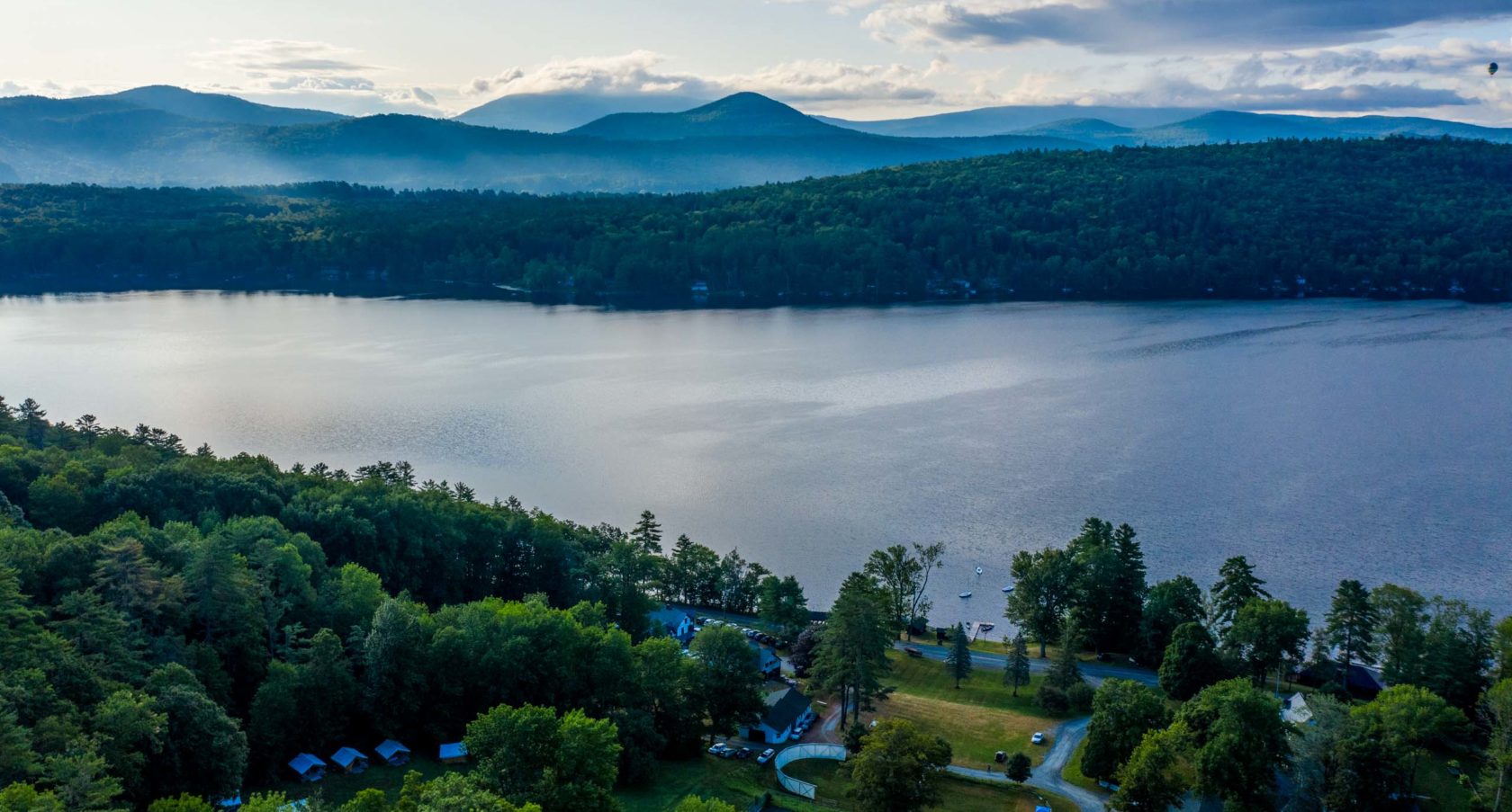An aerial view of Aloha campus and lake.