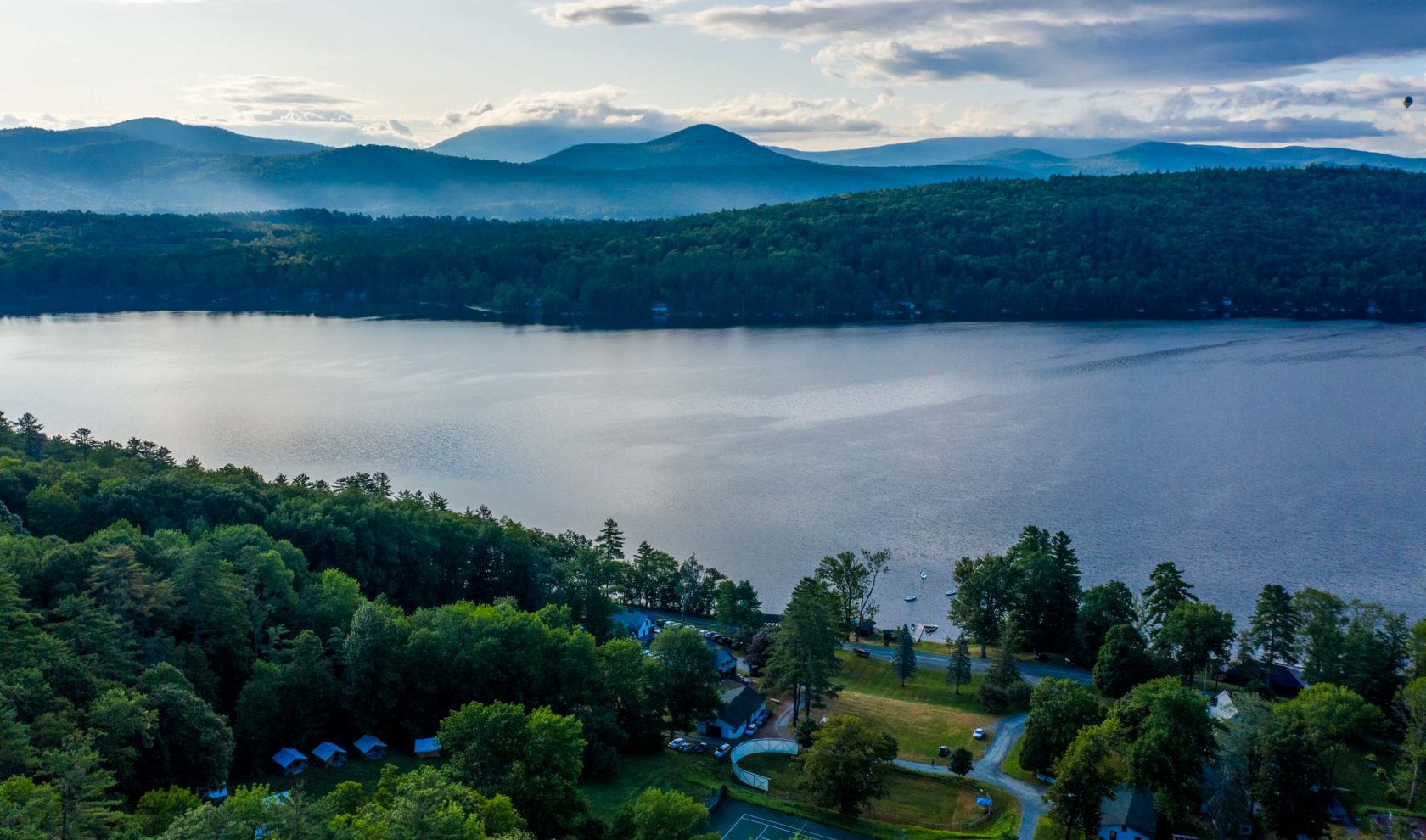 An aerial view of Aloha campus and lake.