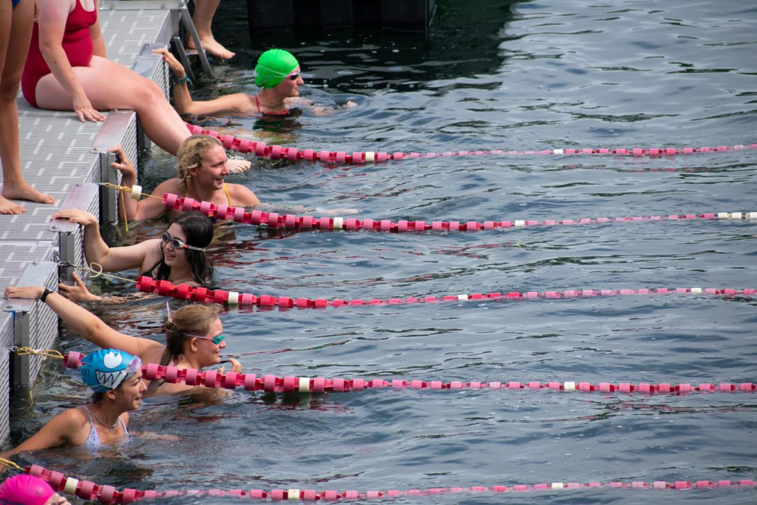 Campers swimming in lanes.