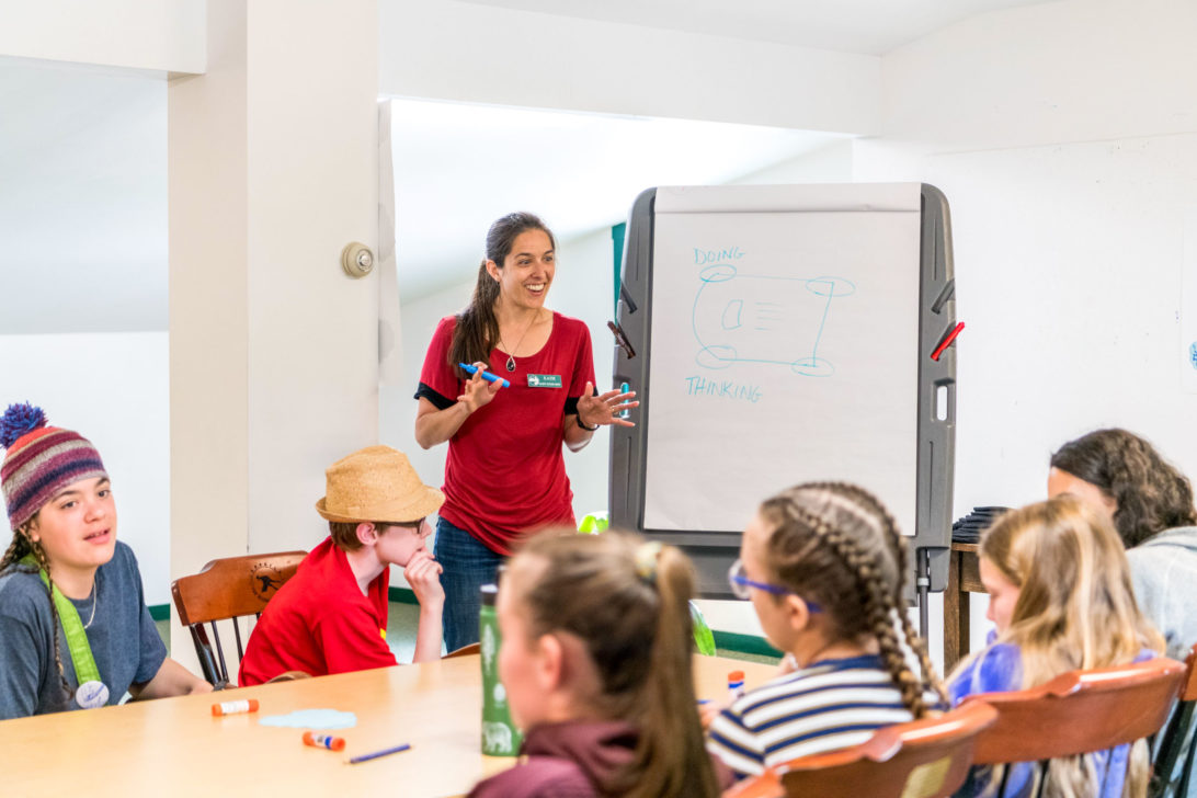 A teacher presenting in front of a group of students.