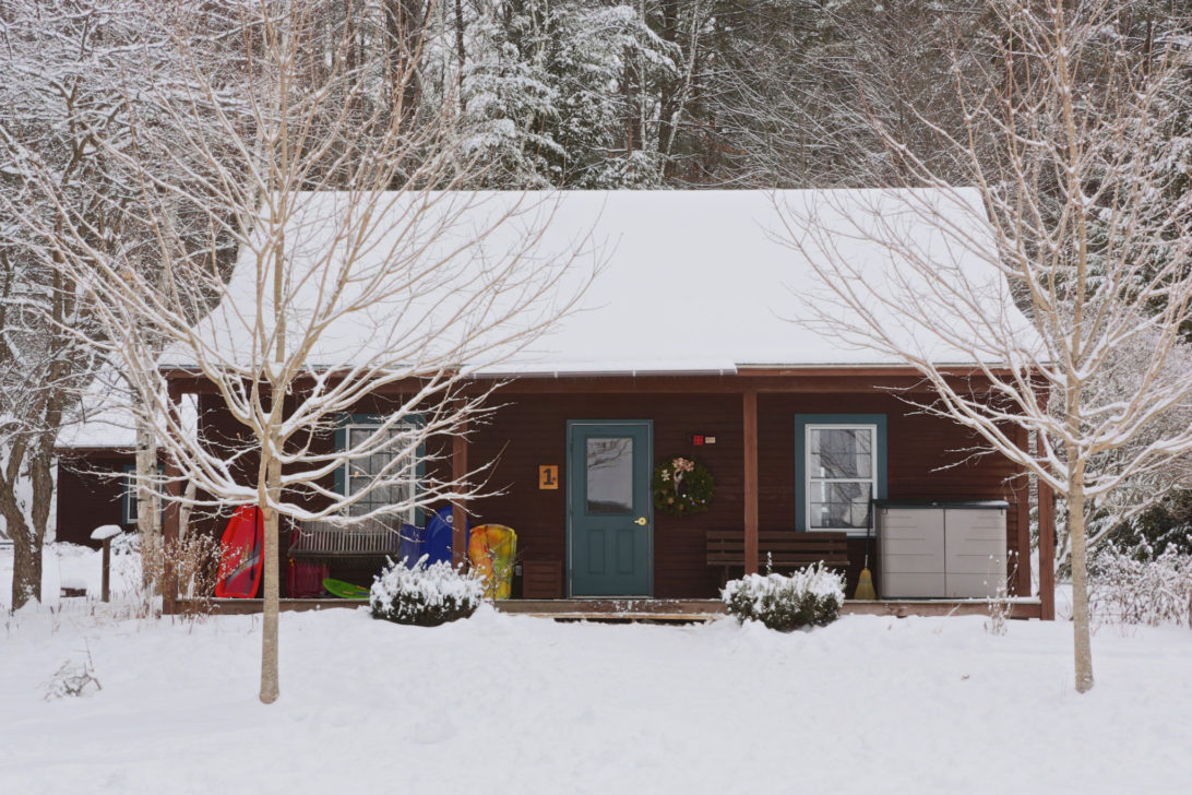 A cabin in the winter.