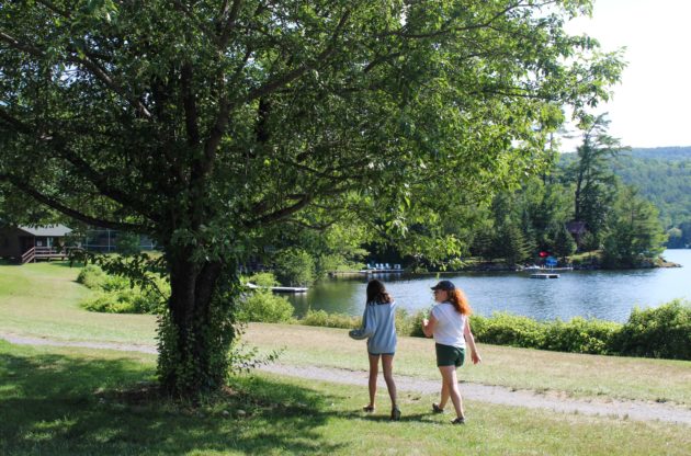 Two people walking on a grassy path near a large tree, with a scenic lake and forested hills in the background under a clear sky.
